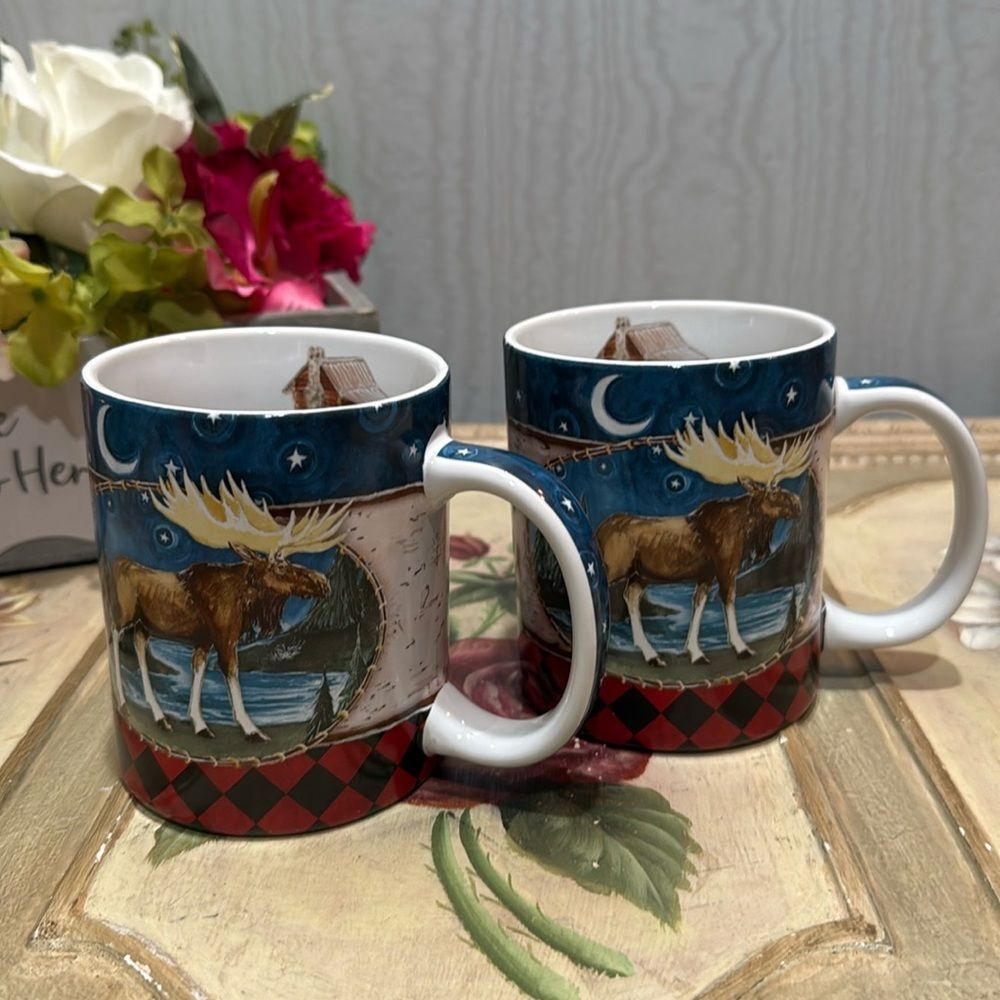 Set of Two Downeast Concepts Cape Shore Moose Moon Stars Cabin Mugs